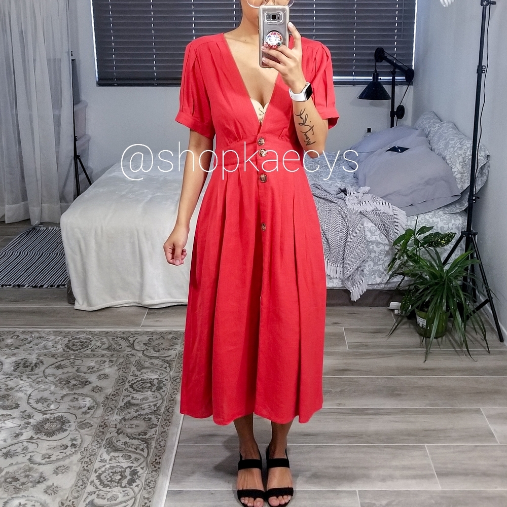 ⬇️V-Neck Rust A-line Short Sleeved Midi Dress